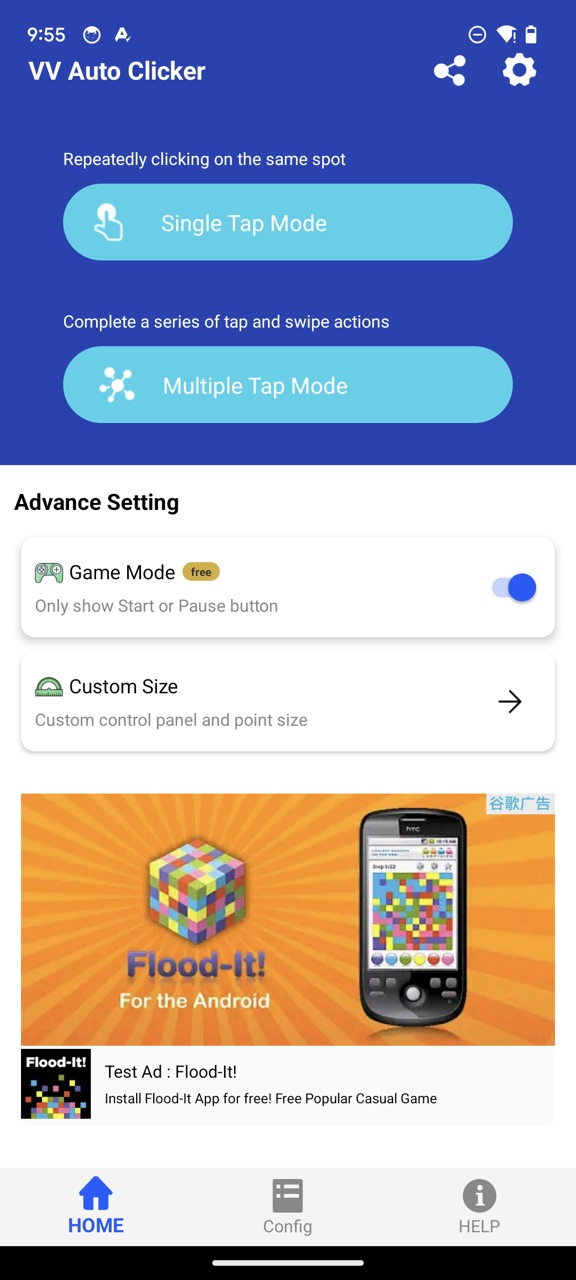 VV Auto Clicker floating control bubble and tap-point configuration on an Android screen